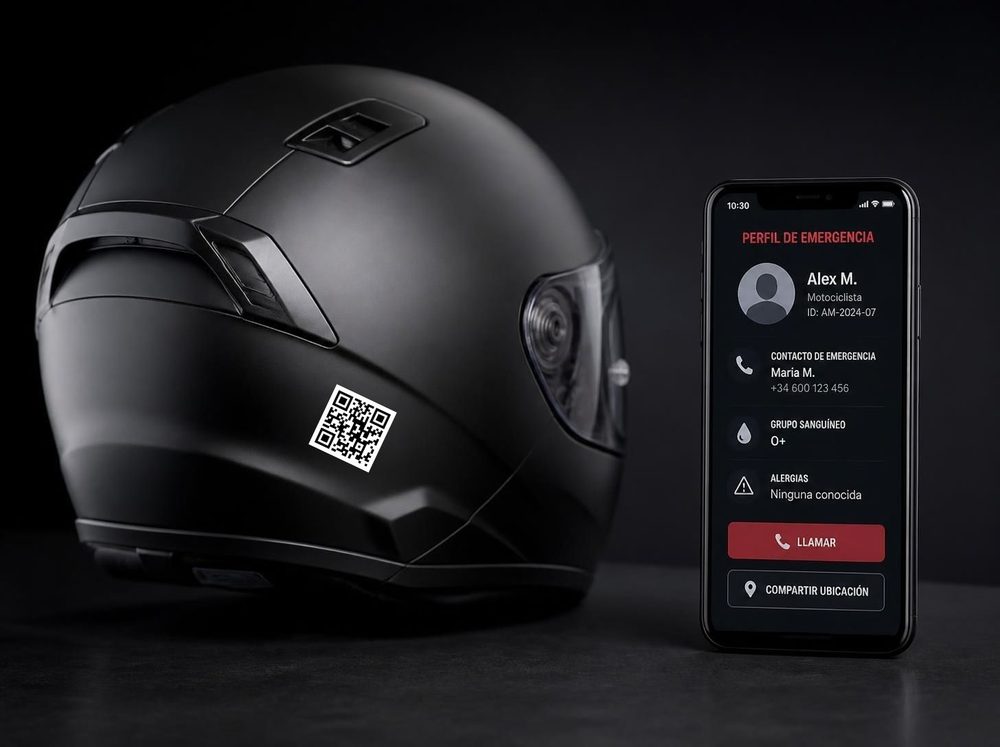 Un casco de moto con la calcomanía del QR, junto a un teléfono que muestra un perfil de emergencia