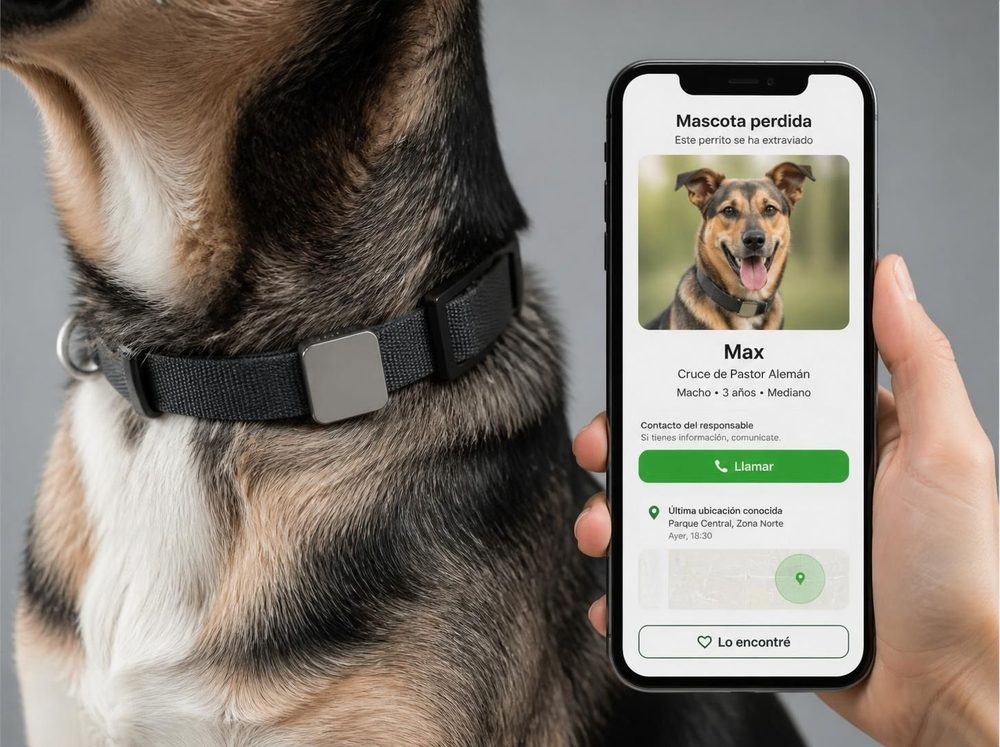 Un perro con la placa en el collar, junto a un teléfono que muestra su ficha