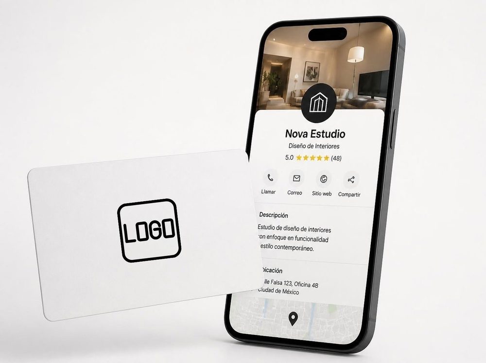Una tarjeta NFC con un logo, junto a un teléfono que abre el perfil de un negocio